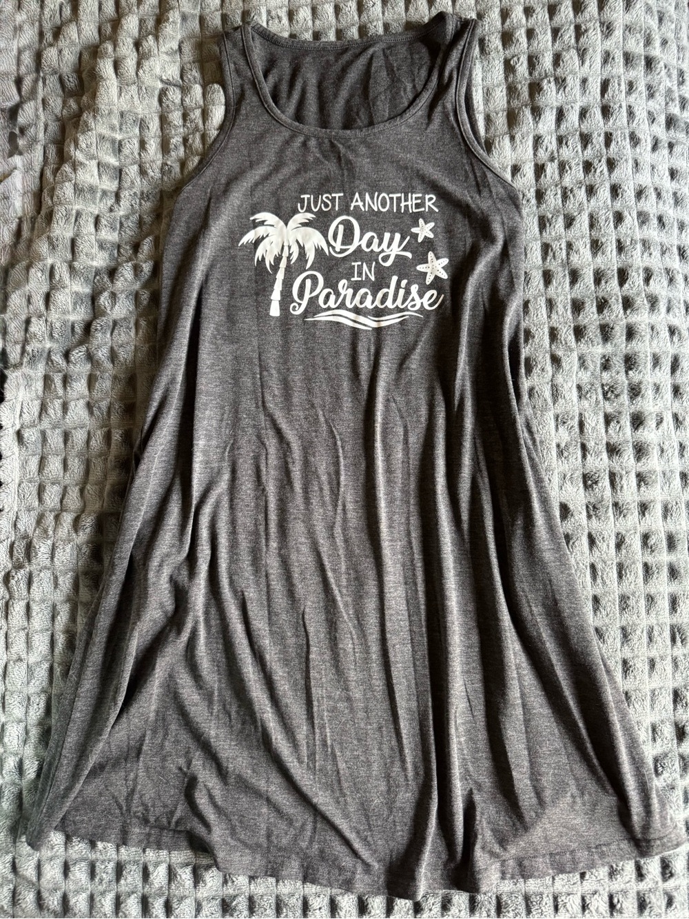 NWOT Large Graphic Tank Dress - 'Just Another Day in Paradise' in Charcoal Gray
